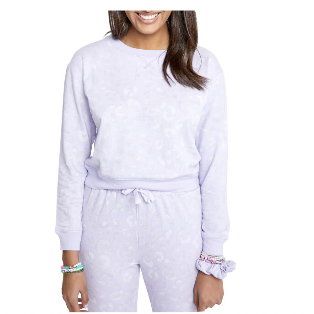 Sundown By Splendid Wome Crop Leopard Print Pullover In Lilac W/Hair Tie Size XL